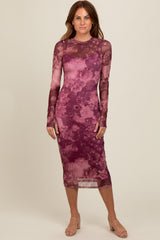 Magenta Floral Mesh Midi Dress