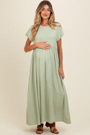 Light Olive Ruffle Trim Maternity Maxi Dress