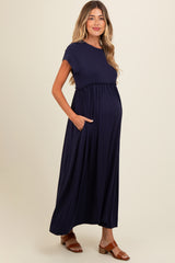 Navy Ruffle Trim Maternity Maxi Dress