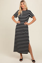 Black Striped Side Slit Maternity Maxi Dress