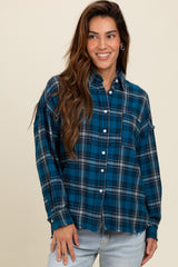 Navy Plaid Fringe Hem Maternity Shirt