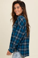 Navy Plaid Fringe Hem Shirt