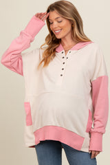 Beige Colorblock Relaxed Fit Maternity Hoodie