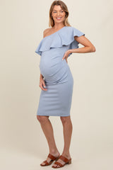 Light Blue Ruffle One-Shoulder Maternity Midi Dress