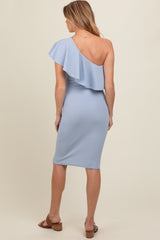 Light Blue Ruffle One-Shoulder Maternity Midi Dress