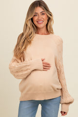 Beige Contrast Cable Knit Sleeve Maternity Sweater