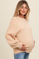 Beige Contrast Cable Knit Sleeve Maternity Sweater