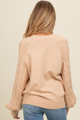 Beige Contrast Cable Knit Sleeve Maternity Sweater