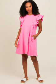 Pink Embroidered Ruffle Sleeve Dress