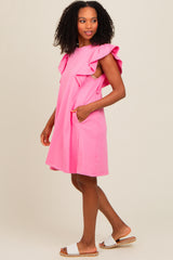 Pink Embroidered Ruffle Sleeve Dress