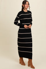 Black Striped Knit Drop Shoulder Midi Dress