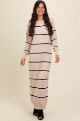 Beige Striped Knit Drop Shoulder Maternity Midi Dress