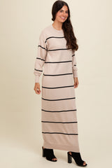 Beige Striped Knit Drop Shoulder Midi Dress