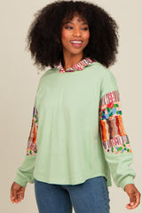 Mint Green Contrast Print Sleeve Hooded Maternity Top