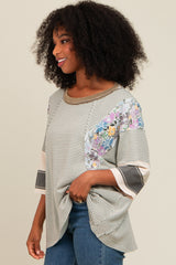 Grey Mixed Print Dolman Sleeve Top