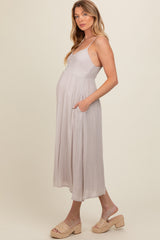 Grey Button Accent Maternity Midi Dress