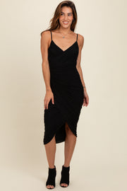 Black Ruched Mesh Fitted Tulip Hem Dress