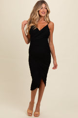 Black Ruched Mesh Fitted Maternity Tulip Hem Dress