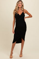 Black Ruched Mesh Fitted Maternity Tulip Hem Dress