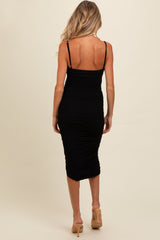 Black Ruched Mesh Fitted Maternity Tulip Hem Dress