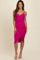 Fuchsia Ruched Mesh Fitted Tulip Hem Dress