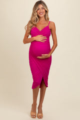 Fuchsia Ruched Mesh Fitted Maternity Tulip Hem Dress