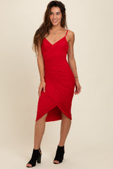 Red Ruched Mesh Fitted Tulip Hem Dress