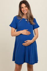 Royal Blue Solid T-shirt Maternity Mini Dress