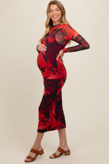 Burgundy Abstract Print Mesh Maternity Maxi Dress