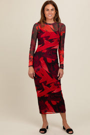 Burgundy Abstract Print Mesh Maxi Dress