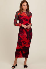 Burgundy Abstract Print Mesh Maxi Dress