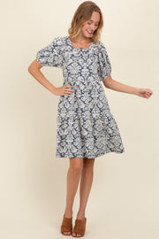 Navy Jacquard Damask Print Dress