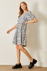 Navy Jacquard Damask Print Dress