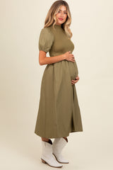 Olive Contrast Knit Bodice Maternity Midi Dress