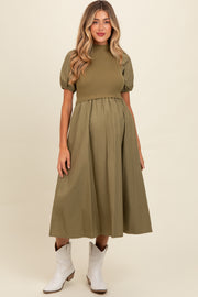 Olive Contrast Knit Bodice Maternity Midi Dress