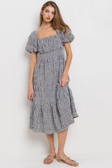 Black Gingham Square Neck Puff Sleeve Dress