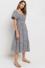 Black Gingham Square Neck Puff Sleeve Dress