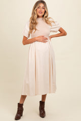 Cream Contrast Knit Bodice Maternity Midi Dress