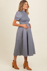 Blue Contrast Knit Bodice Maternity Midi Dress