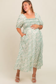 Green Floral Embroidered Smocked Maternity Midi Dress