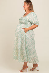 Green Floral Embroidered Smocked Maternity Midi Dress