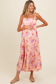 Peach Floral Tie Strap Maternity Maxi Dress