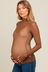 Brown Polka Dot Mesh Long Sleeve Maternity Top