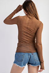 Brown Polka Dot Mesh Long Sleeve Top