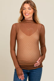 Brown Polka Dot Mesh Long Sleeve Maternity Top