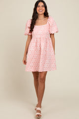 Blush Floral Embossed Puff Sleeve Dress