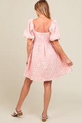 Blush Floral Embossed Puff Sleeve Maternity Dress