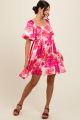 Fuchsia Floral Puff Sleeve Dress