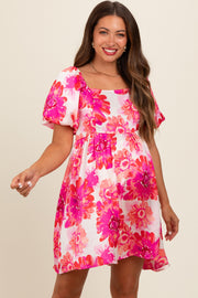 Fuchsia Floral Puff Sleeve Maternity Dress