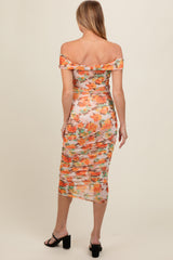 Orange Floral Off Shoulder Ruched Maternity Midi Dress